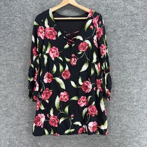 Mod Dress Women L Large Black Floral Shift Short V-Neck Long Sleeve Casual